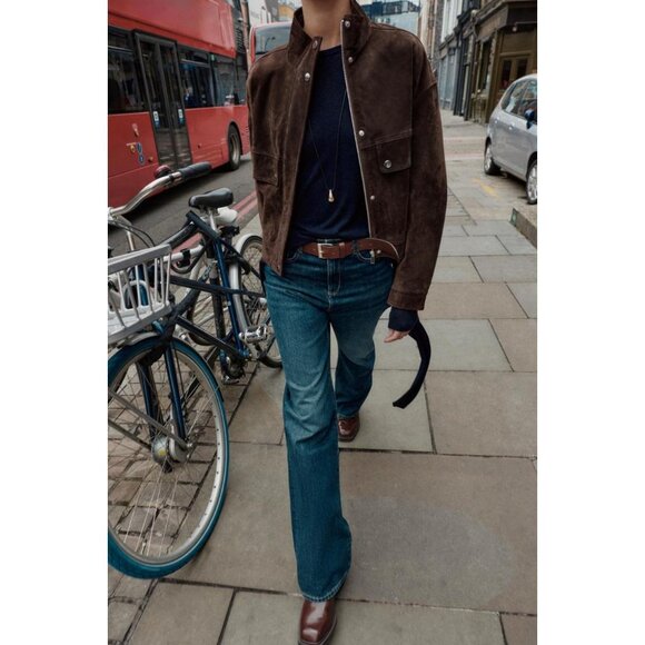 ZARA SUEDE LEATHER BOMBER JACKET WITH POCKETS - Picture 3 of 12